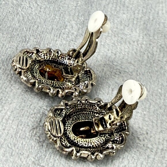 Vintage Ornate Silver & Gold-Tone Clip-On Earrings Women Classic Textured Design - Picture 13 of 16